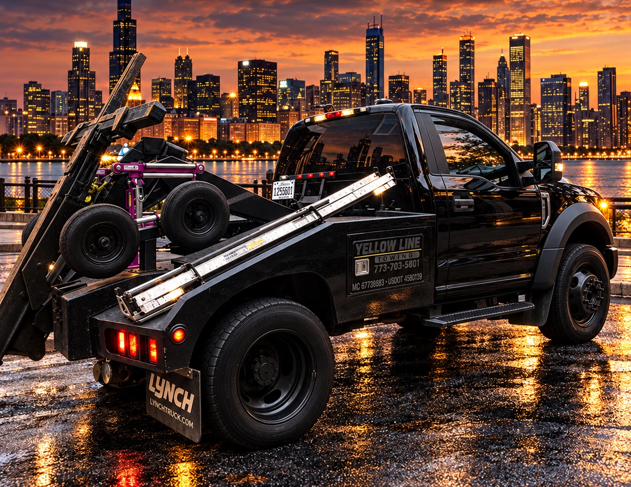 Yellow Line Towing Chicago skyline cover artwork featuring a black wheel-lift wrecker at sunset